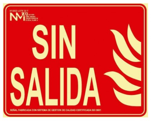 SEÑAL DE INCENDIO "SIN SALIDA" 20X25CM HOMOLOGADA SEGÚN NORMATIVA PP ROJO ARCHIVO 2000 6171-06H RJ (Espera 4 dias)